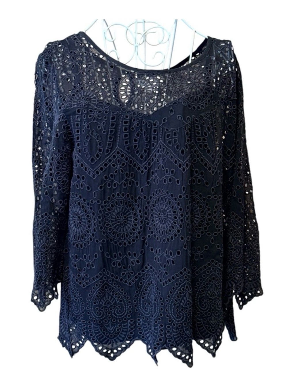 Velvet Graham Spencer Black Eyelet Scallop Hem Blouse Top Size M